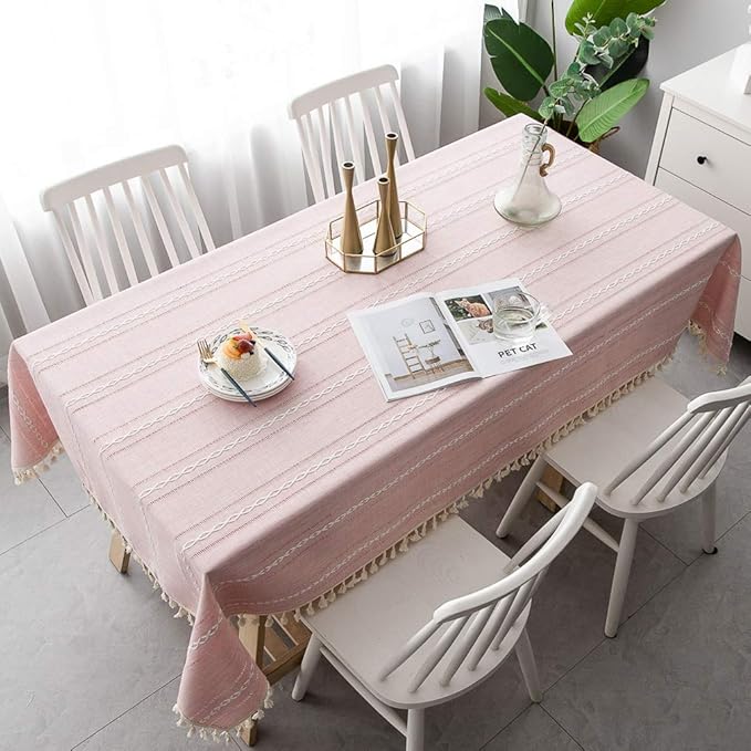 Pahajim Linen Tablecloth Rustic Rectangle Table Cloth Cotton Striped Tassels Tablecloths for Kitchen Dining Table Cover Rectangle/Oblong,55''x87'', 6-8 Seats