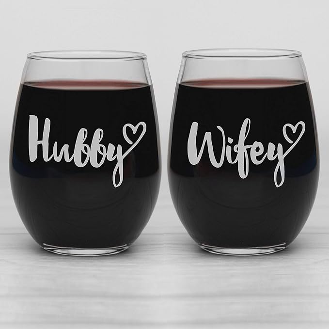 Hubby and Wifey Wine Glasses - Mr and Mrs Wedding - Engagement Anniversary Couple 20oz Stemless