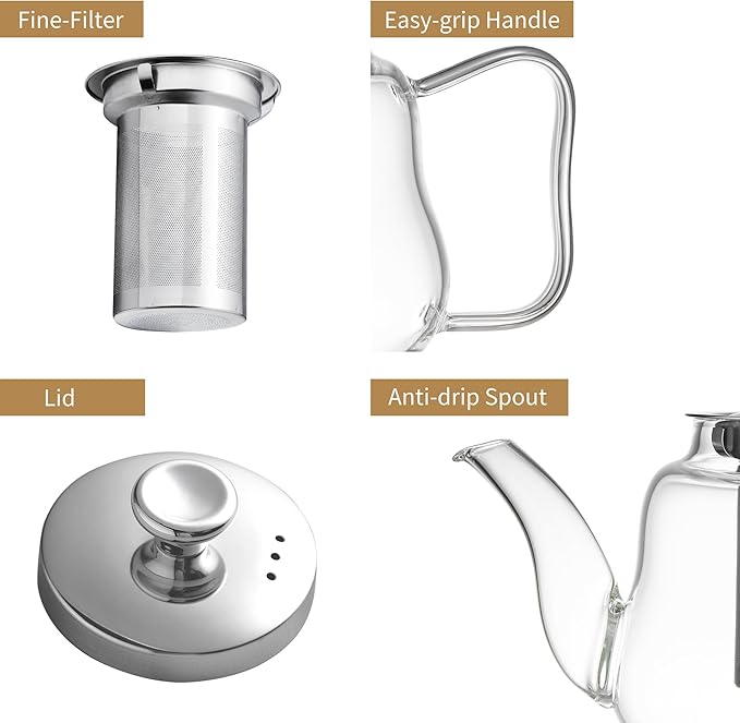Glass Tea Pot with Infuser and Lid, Heat Resistance Borosilicate Glass Tea Kettle for Gas Stovetop, Suit for Blooming and Loose Leaf Tea, 32 fl oz