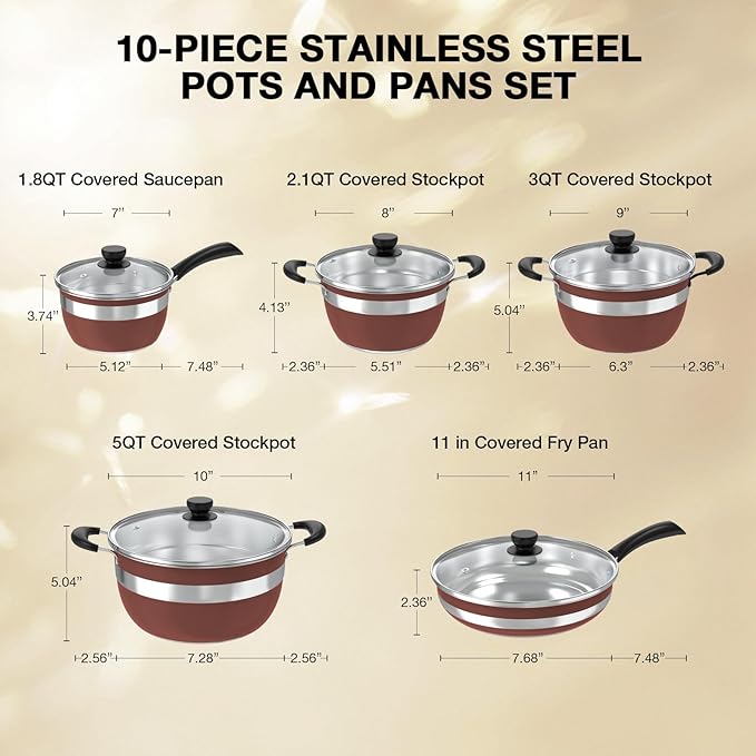 VBGK Pots and Pans Set Stainless Steel Cookware Set 10 Piece,Non Toxic Kitchen Induction Cookware Set,Kitchen Cooking Set with Tempered Glass lid & Stay-Cool Handle,Dishwasher Oven Safe,Stackable