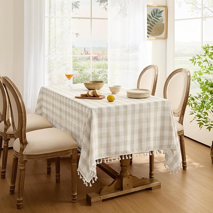 Softalker Checkered Tablecloth Rectangle, Outdoor Linen Cotton Gingham Table Cloth with Tassel, Heavy Duty Wrinkle Free Buffalo Plaid Table Cover for Kitchen Dining Home Party - 55 x 102 Inch, Beige