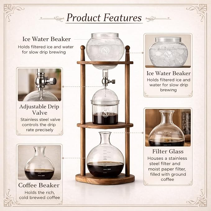 Nispira Cold Brew coffee Maker Ice Coffee Drip Machine with Advanced Slow Drip Technology Borosilicate Glass with Wood Tower, 6-8 Cup, Brown