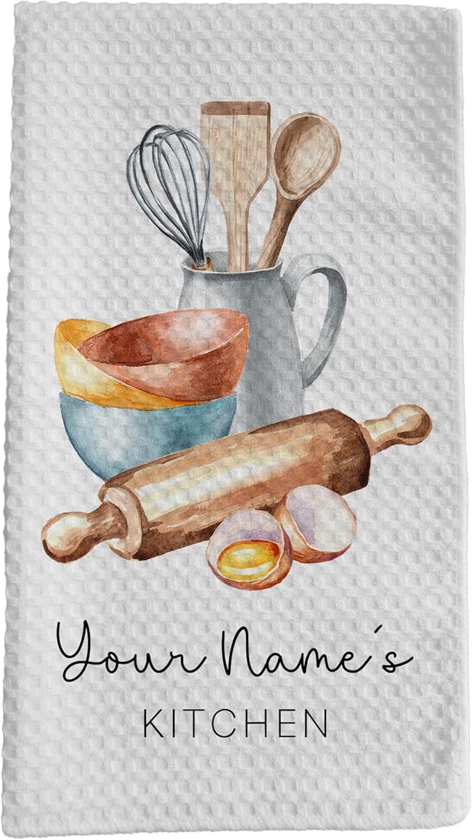 Personalized Kitchen Towel | Custom Tea Towel | Watercolor Utensil Dish Towel | Kitchen Decor | Hand Towel Gift Set | Waffle Weave Dishcloth (Just 1 Towel, Design 2)