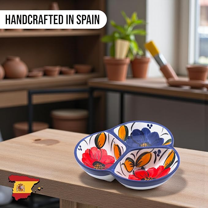 Ceramic Chip & Dip Bowl 7.5”, 3-Compartment Divided Serving Dish & Condiment Tray for Appetizers – Handmade in Spain, Lead-Free Glaze, Microwave, Oven & Dishwasher Safe