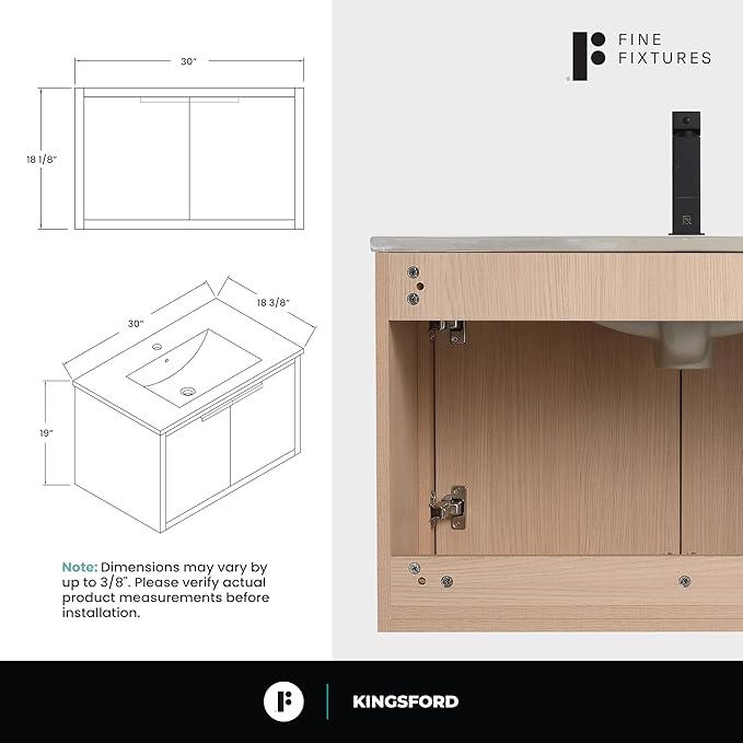 Fine Fixtures Kingsford Modern 30 Inch Bathroom Vanity with Sink, White Oak Finish, Elegant Bathroom Vanities for Modern Homes, Stylish Storage Solutions for Bathrooms