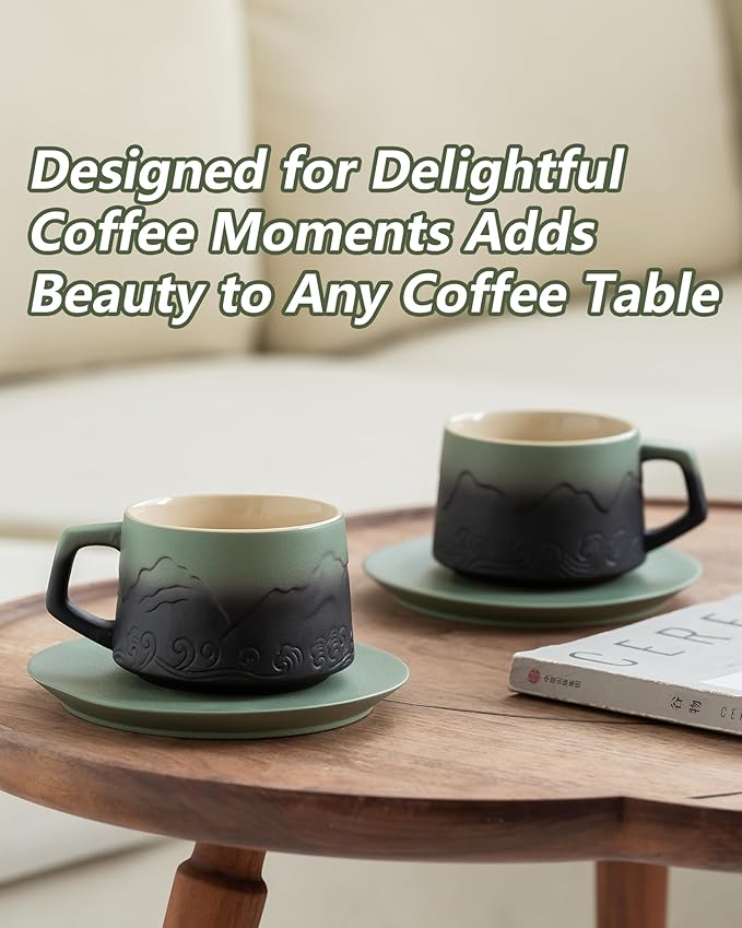 ZENS 8 Ounce Artistic Cappuccino Cups Set of 2, Embossed Ceramic Coffee Mug with Saucers for Latte Art, Moss Green & Black