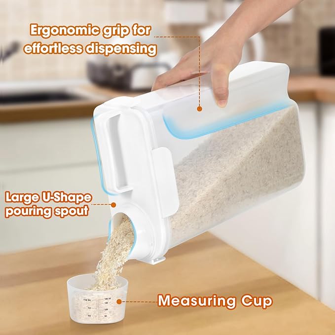 5-7 Lbs Dog Cat Food Storage Container, Portable Travel Pet Food Storage Container with Measuring Cup, Easy-Pouring Bird Seed Dispenser, Airtight Rice Cereal Oatmeal Flour Dispenser -White