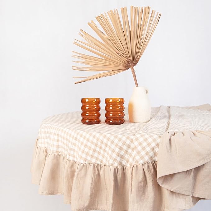 MONDAY MOOSE Gingham Checkered Farmhouse Rustic Ruffle Style Decoration Round Natural Stonewashed Cotton Tablecloth for Kitchen, Dining Room, Restaurant (60" Round, Beige)
