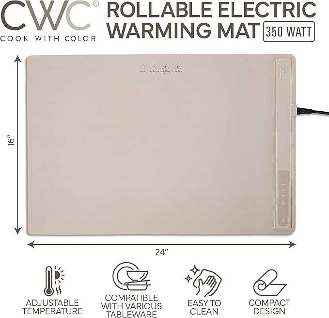 COOK WITH COLOR 350W Electric Food Warming Mat - Portable Food Warmer Tray with Adjustable Temperature, Fast 60-Second Heating, Auto Shut-Off, Rollable Silicone Pad for Parties & Everyday Use, Sand