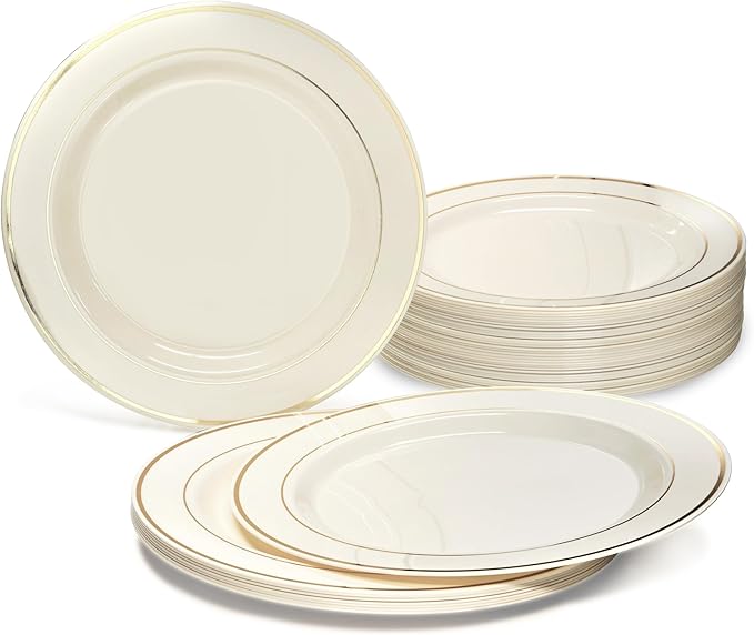 " OCCASIONS " 40 Plates Pack, Heavyweight Disposable Wedding Party Plastic Plates (10.5'' Dinner Plate, Ivory & Gold Rim)