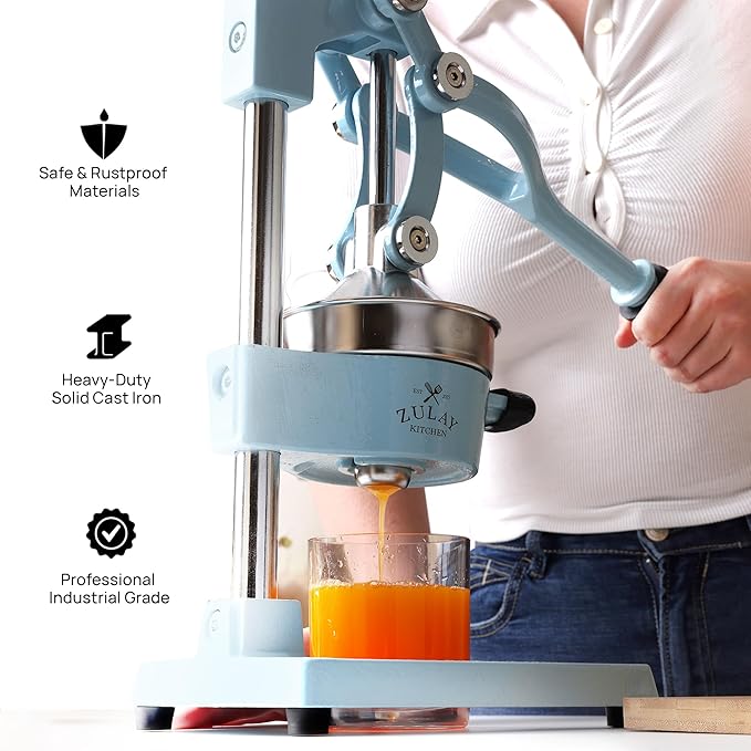 Zulay Kitchen Cast-Iron Orange Juice Squeezer - Heavy-Duty, Easy-to-Clean, Professional Citrus Juicer - Durable Stainless Steel Lemon Squeezer - Sturdy Manual Citrus Press & Orange Squeezer (Blue)