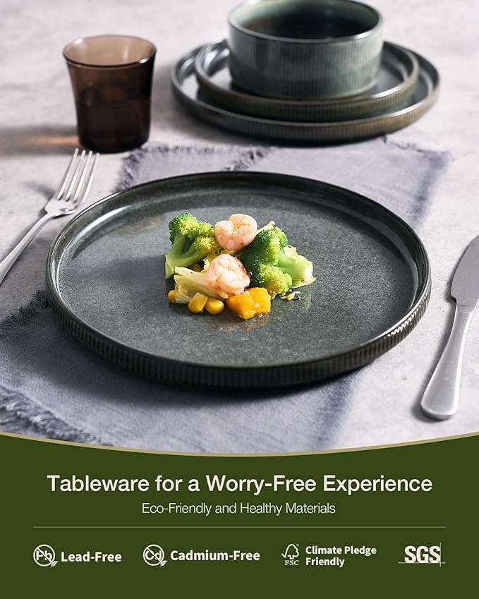Famiware Star Stoneware Dinnerware Sets for 6 (24pcs), Chip and Scratch Resistant, Microwave & Dishwasher Safe Complete Dishes, Pasta Bowl, Cereal Bowl, Dinner Plate, Salad Plate, Ribbed, Deep Forest