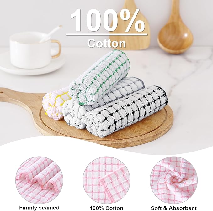 Kitinjoy Cotton 12 Pack Terry Kitchen Dish Cloths, 12 x 12 Inches Super Soft and Absorbent Dish Rags, Quick Drying Dish Towels for Washing Dishes, Multi-Colored