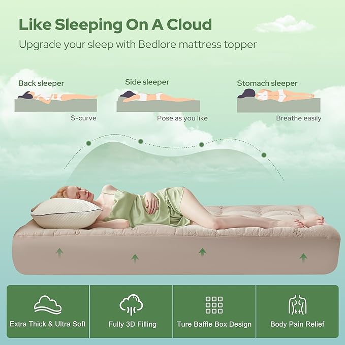 BEDLORE Full Size Mattress Topper Viscose Derived from Bamboo, Thick Pillow Top Mattress Pad with Stretchable Pockets for 6"-15" Mattress, Breathable Mattress Topper for Back Pain Relief(Beige)