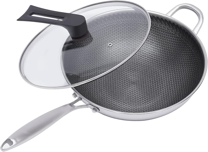 12 inch Wok Pan with Lid, Stainless Steel Saute Pan, Induction Wok Set, Woks & Stir-fry Pans with Honeycomb Coating, Nonstick Wok with Lid