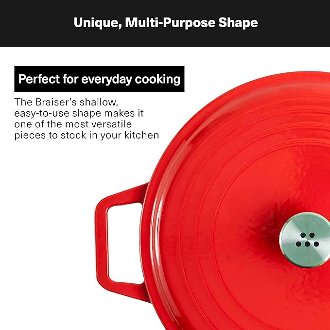Misen 5.5 QT Braiser – Enameled Cast Iron Pan for Searing, Braising & Slow Cooking – No-Chip Enamel Coating – Extra-Wide Handles – Superior Heat Retention & Even Cooking - Red