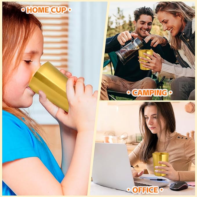 10 Pack 12 oz Stainless Steel Insulated Cup, Double Wall Vacuum Small Metal Cup, Reusable Camping Cups Unbreakable Indoor Outdoor for Party, Home, Office, BBQ, Gold