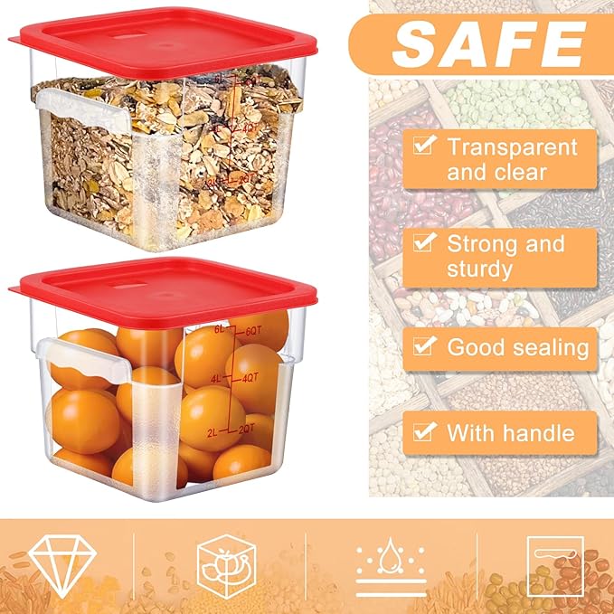 3 Sets 6 Qt Square Food Storage Containers with Lids Dough Proofing Bucket Commercial Polycarbonate Containers with Scale Clear Airtight Cereal for Pantry Home Restaurant (Red)