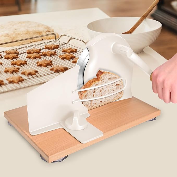 Manual Bread Slicer with Hand Crank, Classic Home Bread Slicer for Homemade Sourdough, Rotary Slicer with Adjustable Thickness, Premium Stainless Steel & Powerful Suction Cups (White)