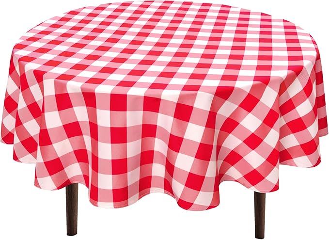 Hiasan Checkered Round Tablecloth 60 Inch - Waterproof Stain and Wrinkle Resistant Washable Fabric Table Cloth for Holiday Day, Dining Room, Outdoor Picnic, Red and White Gingham Pattern