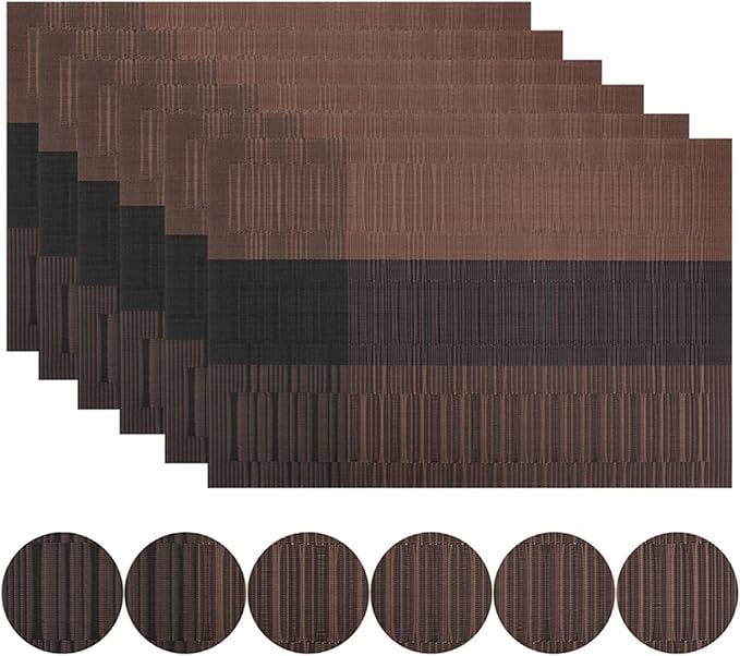 Set of 6 Placemats Black Place Mats Crossweave Woven Non-Slip Washable Table Mats for Table Dining Kitchen and Reataurant(Coffee)