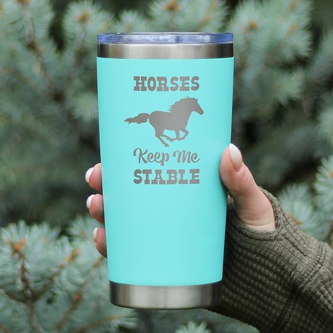 Bevvee Horses Keep Me Stable - Insulated Coffee Tumbler Cup with Sliding Lid - Stainless Steel Insulated Mug - Horse Themed Coffee Gifts - Teal