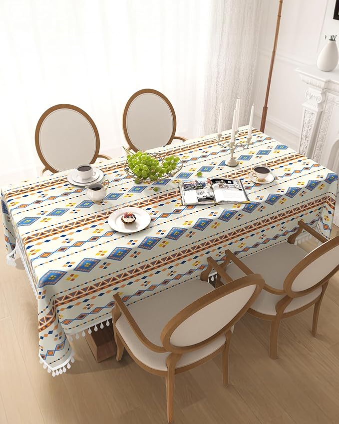 Bohemian Linen Tablecloth Rectangle 60''x 102'', Boho Waterproof Dining Table Cover with Tassels, Farmhouse Table Cloth Wrinkle Free for Kitchen, Party, Picnic, Holiday