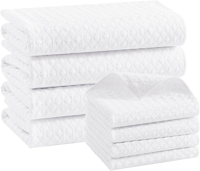 Homaxy Microfiber Waffle Weave Kitchen Towels Set, 16 x 28 Inch and 12 x 12 Inch Ultra Absorbent and Solid Color Dish Towels, 8 Pack, White