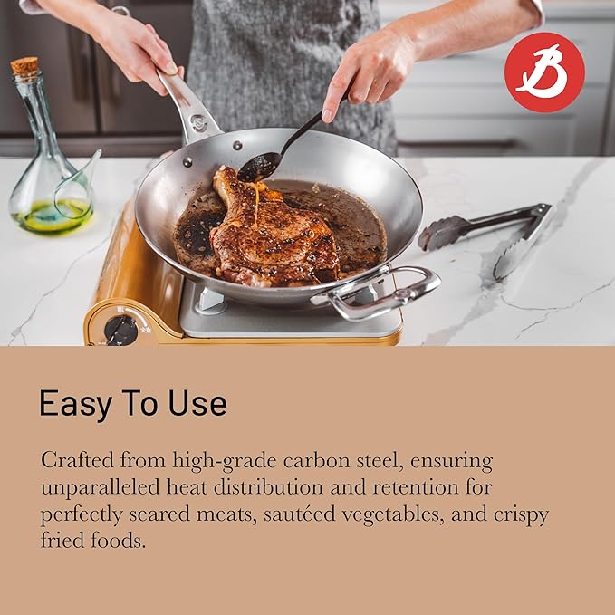 de Buyer MINERAL B Pro Carbon Steel Country Fry Pan with Helper Handle - 12.5” Diameter, 9” Cooking Surface - Ideal for Sauteing, Simmering, Frying - Naturally Non-Stick Finish - Made in France