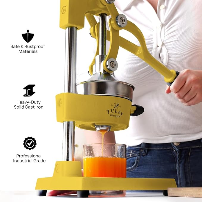 Zulay Kitchen Cast Iron Juicer - Easy-to-Clean Heavy-Duty Manual Juicer, Professional Citrus Juicer - Stainless Steel Lemon Squeezer - Manual Citrus Press & Orange Squeezer - Orange Juicer (Yellow)