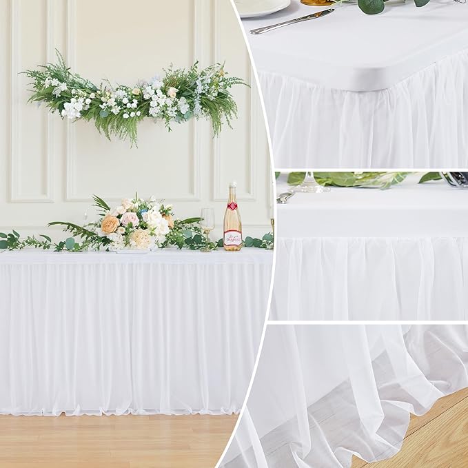 4 Pack White Tulle Tablecloths for 6 Foot Rectangular Tables, 72 x 30 Inch White Rectangle Table Cloth, Wrinkle Free Table Cover with Tutu Skirt for Wedding Birthday Party Banquet Buffet Decorations