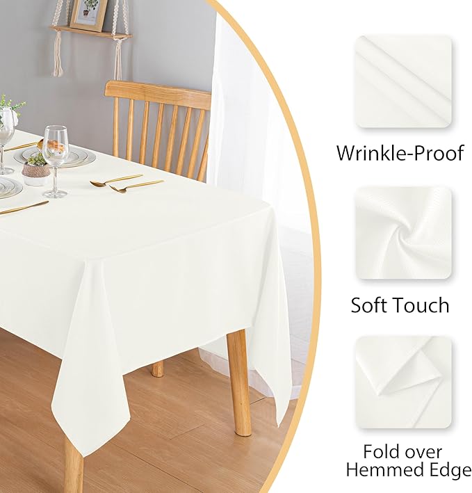 Hiasan 60 X 102 Inch Rectangle Textured Tablecloth - Waterproof Spillproof Antiwrinkle Jacquard Table Cloth for Kitchen and Dining Dinner, Outdoor Picnic, Holiday and Parties, Ivory
