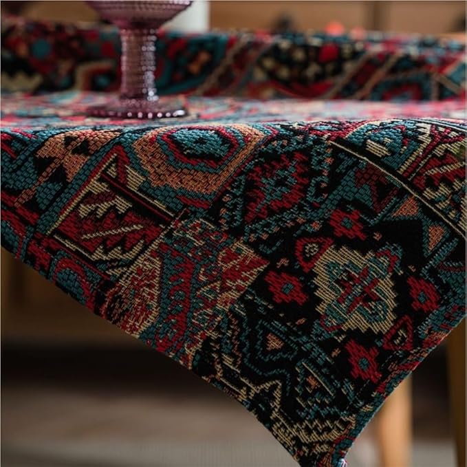 Rectangular Tablecloth Colorful Jacquard Tablecloth Double-Sided Pattern Thick Tablecloth Geometric Bohemian Style Suitable for Restaurant Camping(140 * 160cm)