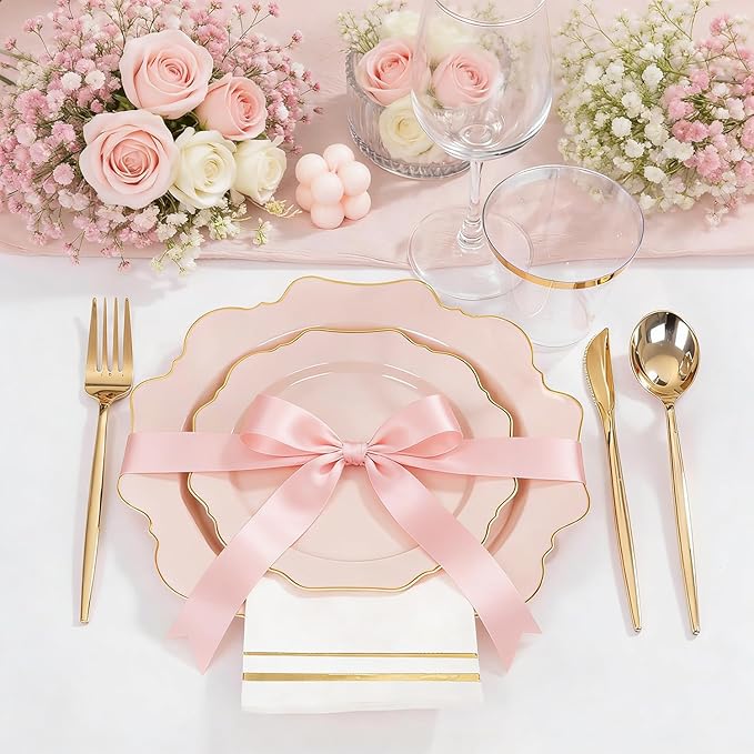 WDF 350Pcs Pink Plastic Plates - Pink and Gold Disposable Plates 50Guest Plastic Dinnerware for Baby Shower/Birthday/Wedding/Easter