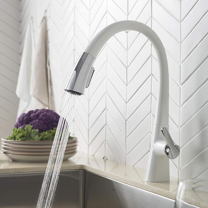 Kraus KPF-1673CHWH Nolen Dual Function Pull, Faucets for Kitchen Sinks, Single-Handle, 16 3/8 Inch, Matte White/Chrome