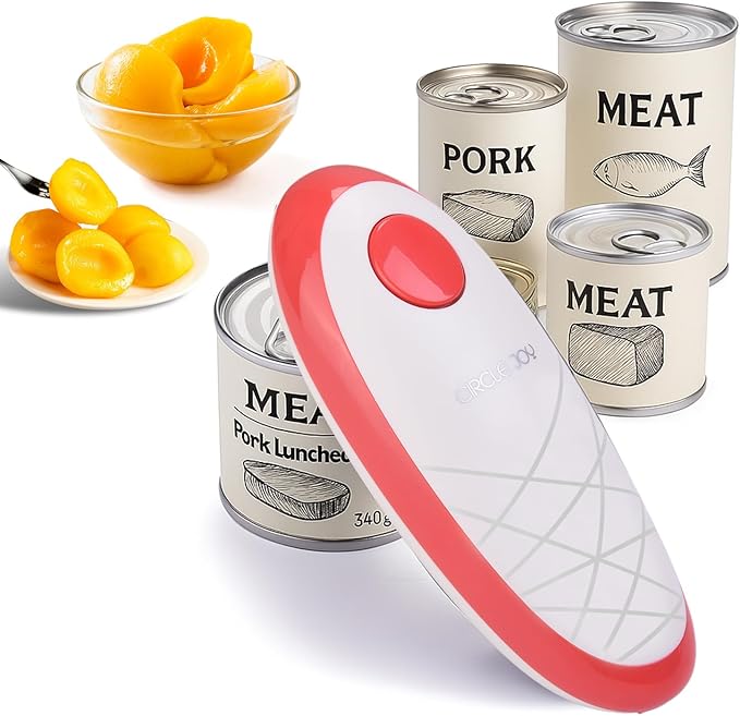 CIRCLE JOY Electric Can Opener, One-Touch Automatic Can Opening with Smooth Edges, Food Safety Handheld Battery-Operated Can Opener for Kitchen and Seniors, Red