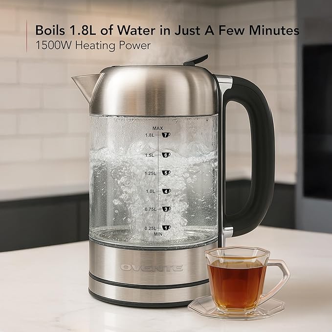 OVENTE Electric Kettle, 1500W No Plastic 1.8L Tea Kettle and Hot Water Boiler For Coffee or Tea, Easy to Fill Lid, Automatic Shut-Off, Borosilicate Glass with Stainless Steel Spout, Silver KG71S