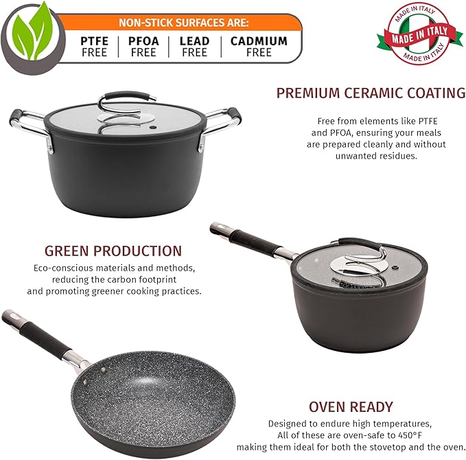 DaTerra Cucina Nonstick Small Pasta Bundle – 2.6 Qt Saucepan with Lid, 9.5" Frying Pan, 5 Qt Dutch Oven with Lid – Induction Compatible, Oven Safe, Ceramic Nonstick, PTFE & PFOA Free – Made in Italy