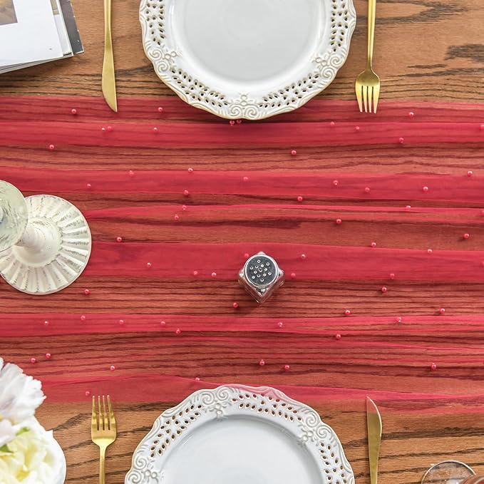 Artoid Mode 6PCS Pearl Red Gauze Table Runner 120 Inch 10FT, Seasonal Sheer Dining Holiday Wedding Birthday Baby Shower Table Decor for Home Party