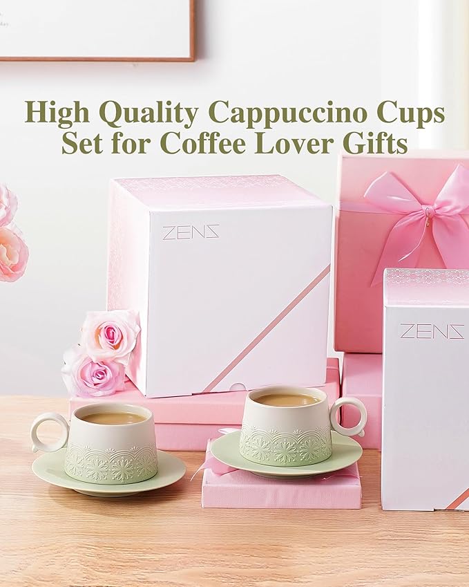 ZENS 7.3 Ounce Cappuccino Mug Set of 2, Artistic Embossed Ceramic Cappuccino Cups with Saucers for Cafe Matcha, Double Espresso Cups Set of 2 for Au Lait or Tea, Coffee Lovers Gifts, Pale Green