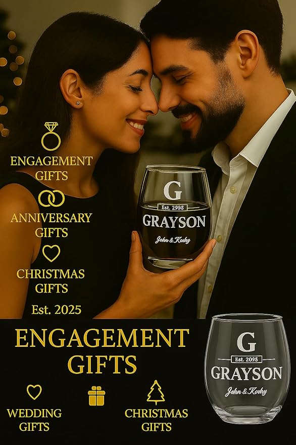 Custom Stemless Wine Glass for Him Personalized Wedding Wine Glass, Engraved With Your Engagement Gift, Wedding gifts or Anniversary Information! Customized Gifts for Women Gifts or Couples Gift