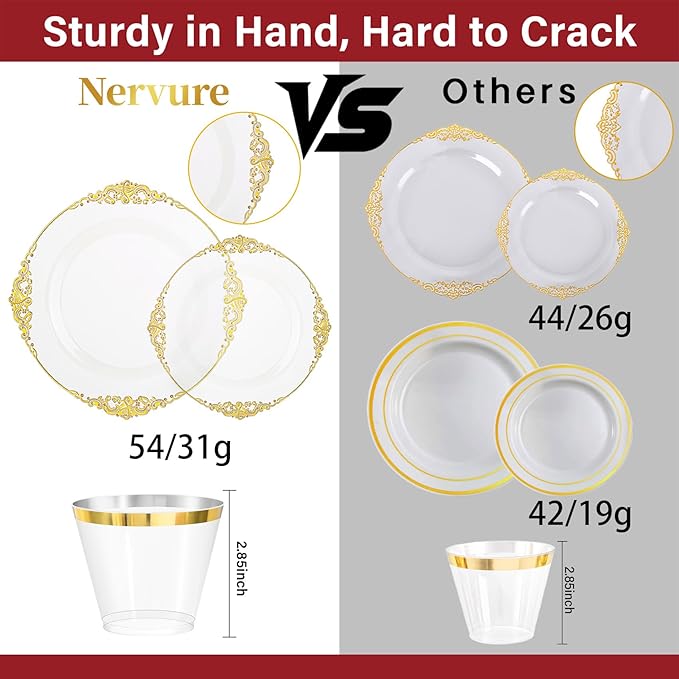 Nervure 175PCS Clear Gold Plastic Plates - Disposable Gold Party Plates & Pre Rolled Napkins with Cutlery for 25 Guests, 50Plates, 75Silverware, 25Cups, 25Napkin for Wedding & Party