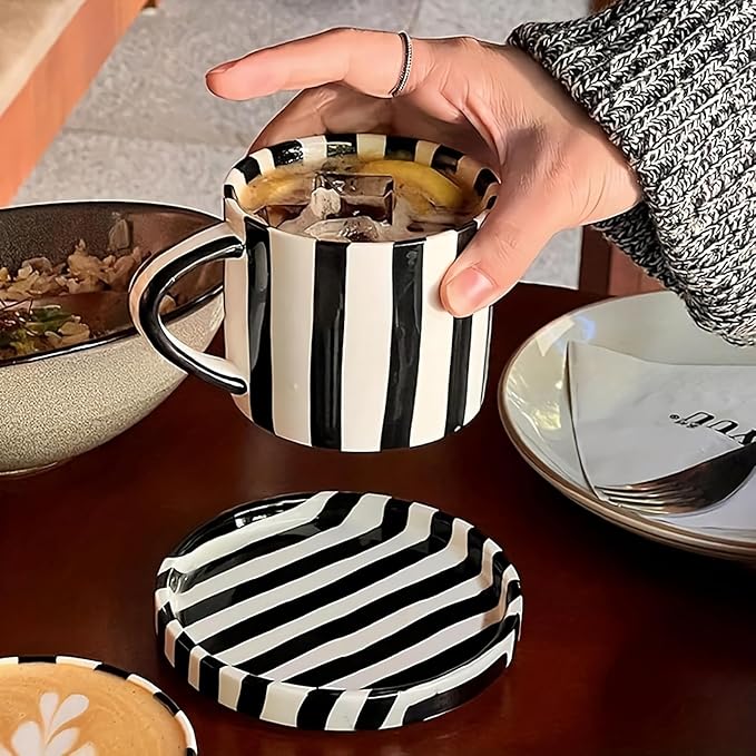 Tea Cup and Saucer, Ceramic 8 oz coffee mug, Dishwasher Safe and Microwave Safe, Black and White, Set of 2