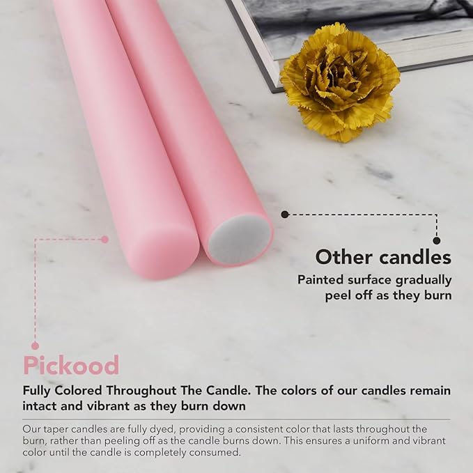 12-Inch Tall Dripless Taper Candles Set of 4 - Pink Tapered Candles, Perfect for Spring - Smokeless, Unscented, Long Burning - Hand Poured, Colored Tall Candlesticks - Light Pink