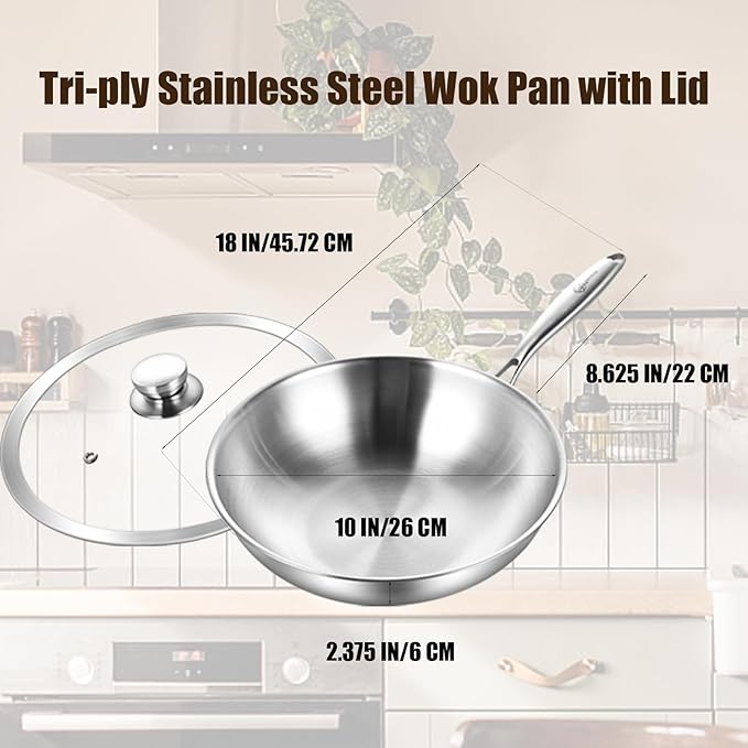 LOLYKITCH 10 Inch Tri-ply Stainless Steel Wok Pan with Lid,Dia.26 CM Stir-Frying Pan,Induction Cooking Pot,Heavy Duty,Dishwasher and Oven Safe,Riveted Handle.