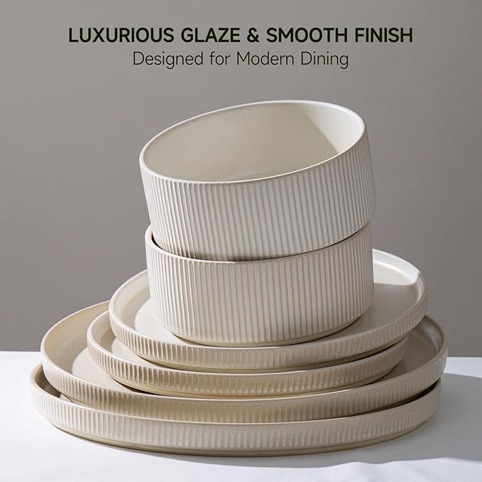 Dinnerware Set Service for 4, 12-Piece Ceramic Plates and Bowls Set, Chip & Scratch Resistant, Microwave and Dishwasher Safe, Modern Minimalist Tableware for Everyday Use, Matte White