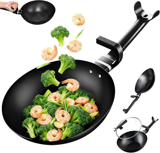 Carbon Steel Wok Pan, Non-stick sauté pan,13 Inch Woks & Stir-fry Pans Nonstick with Ergonomic Handle, Cookware, Pots and Pans,Versatile Bottom Chinese Woks for All Stoves