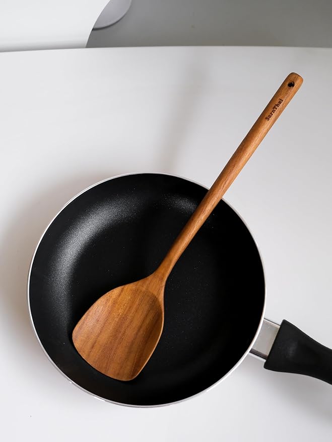 Teak Wood Wok Spatula Long Handle – Handmade Wooden Spatula for Cooking, Stir Frying & Flipping, Eco-Friendly Teak Wooden Utensil, Safe for Nonstick Pans