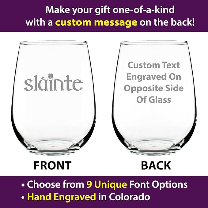 Custom Slainte Irish Cheers - Personalized Stemless Wine Glass - Fun Irish Themed Gifts and Decor - Large 17 Ounce - Customized Wine Glass Gift