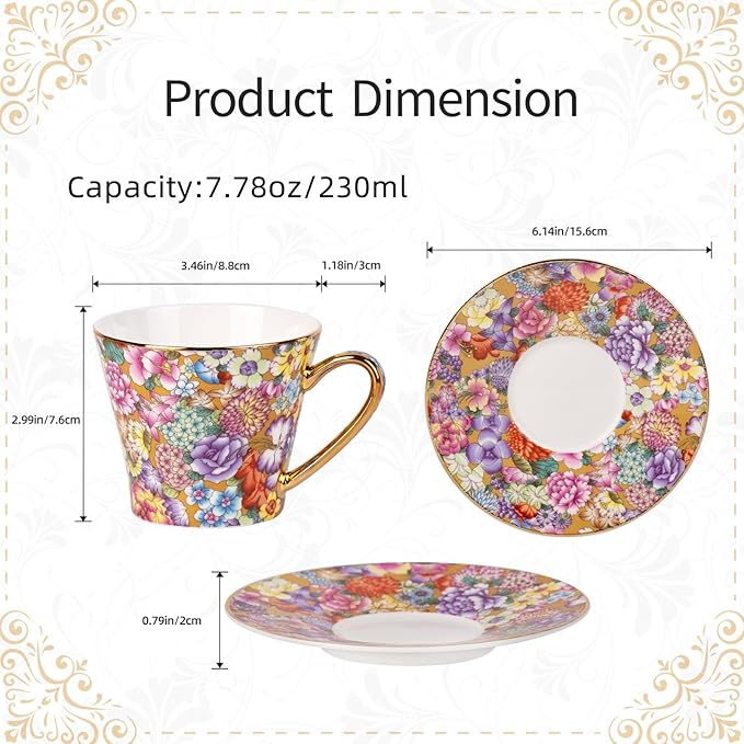 KAMMAK Tea Cups and Saucers Set of 2, Porcelain Coffee Cup with Saucer for Espresso, Cappuccino, 7.5oz Vintage Yellow Floral Ceramic Novelty Mug for Home, Tea Party, Office